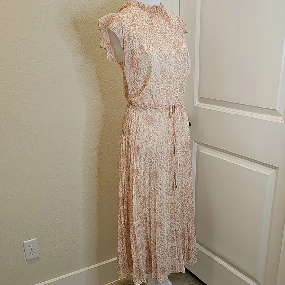 Oasis Peach Cream Patterned Flutter Sleeve Pleated Skirt Midi Spring Dress Sz 12 - Picture 4 of 9